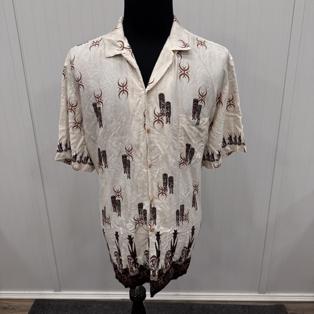 VTG Diamond Head Men's 2XL Cream Aztec Western Tiki Button-Front Hawaiian Shirt